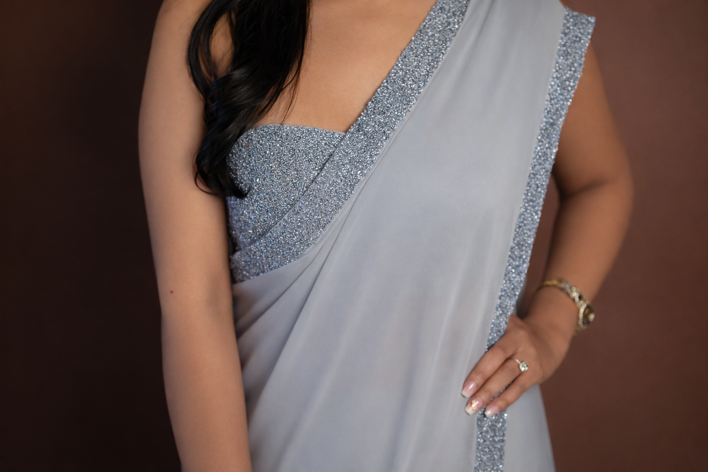 Aisha: Grey Georgette Pre-draped Sari with Tonal Sequin Embroidery