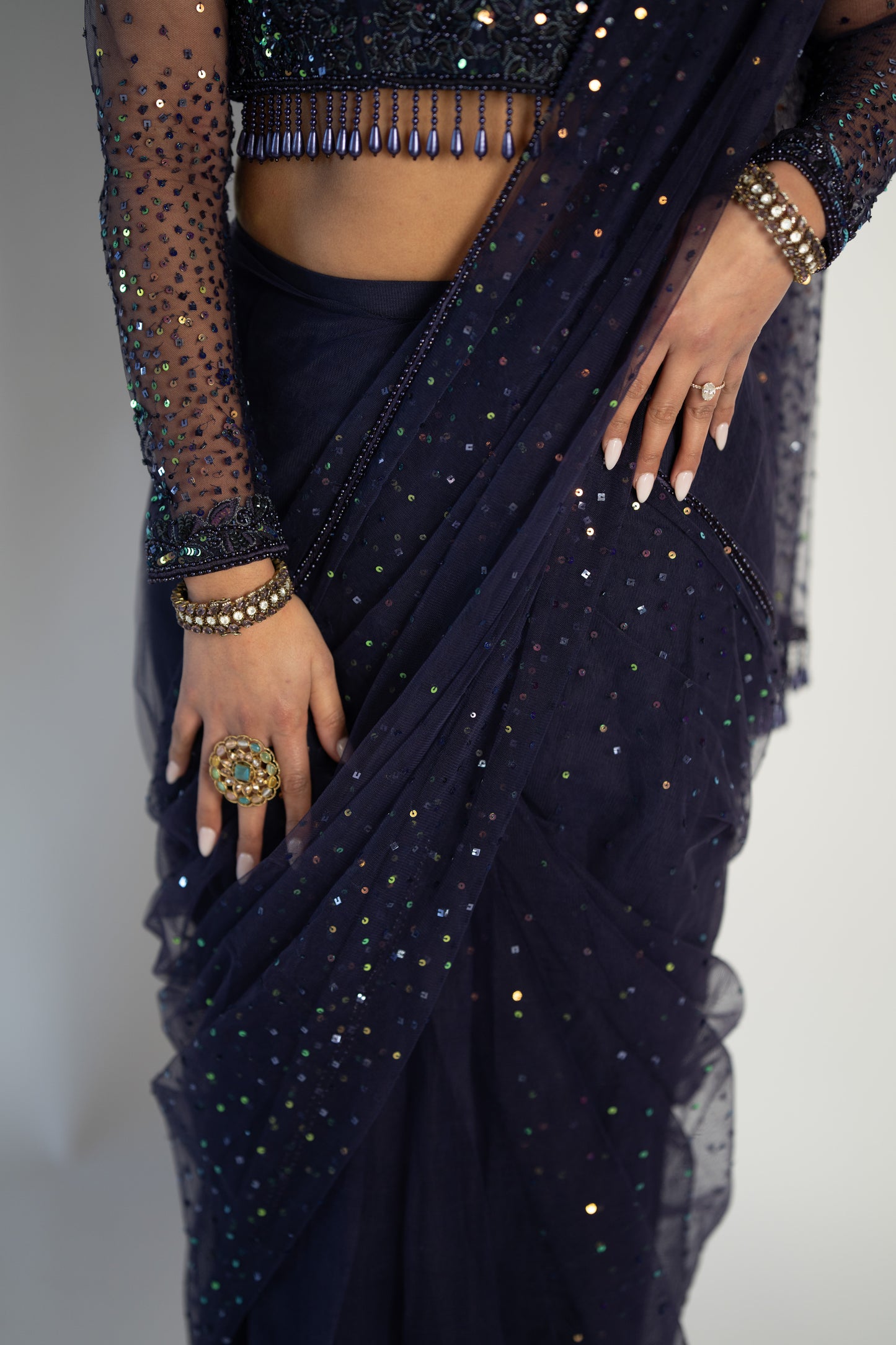 Riya: Swiss Net Pre-draped Sari with Multicolor Sequin Embroidery