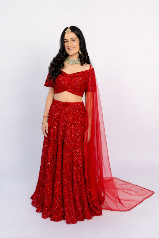 Meher: Red Net Ensemble with Resham & Sequin Embroidery