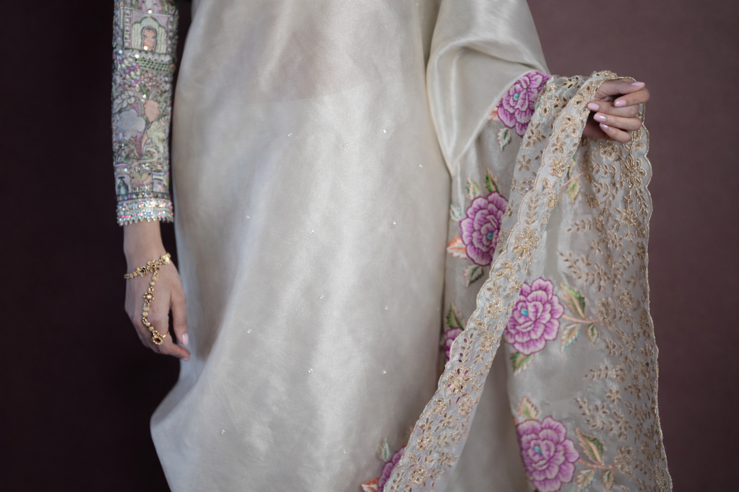 Anaya: Gold Tissue Pre-draped Sari with Floral Cutwork Blouse