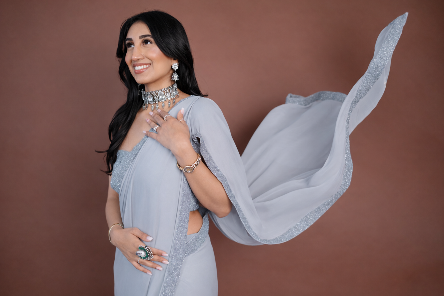 Aisha: Grey Georgette Pre-draped Sari with Tonal Sequin Embroidery