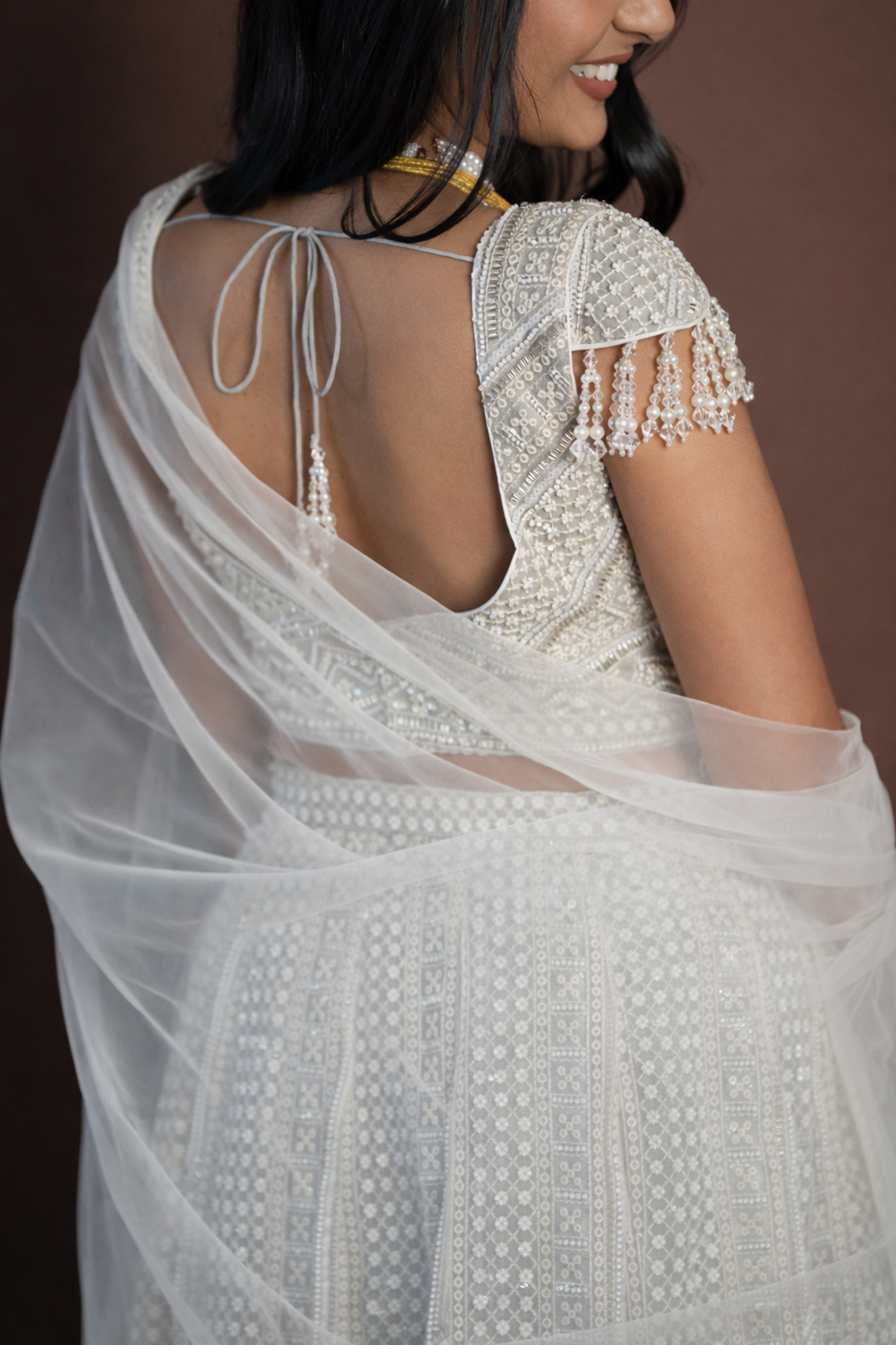 Ishita: Beige Swiss Net Lehenga with Pearl Embroidery