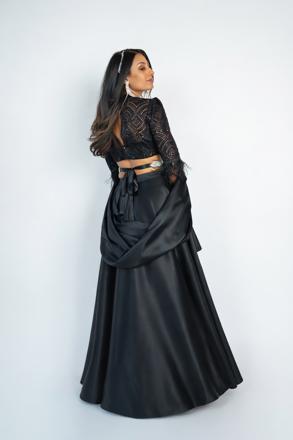Kaira: Black Cutwork Blouse & Satin Lehenga Set
