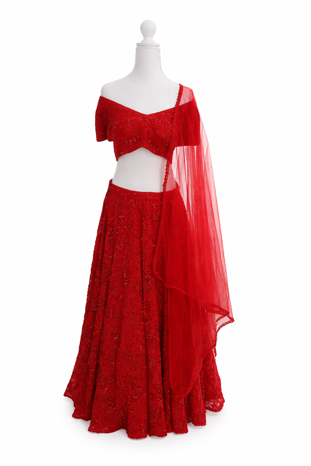 Meher: Red Net Ensemble with Resham & Sequin Embroidery