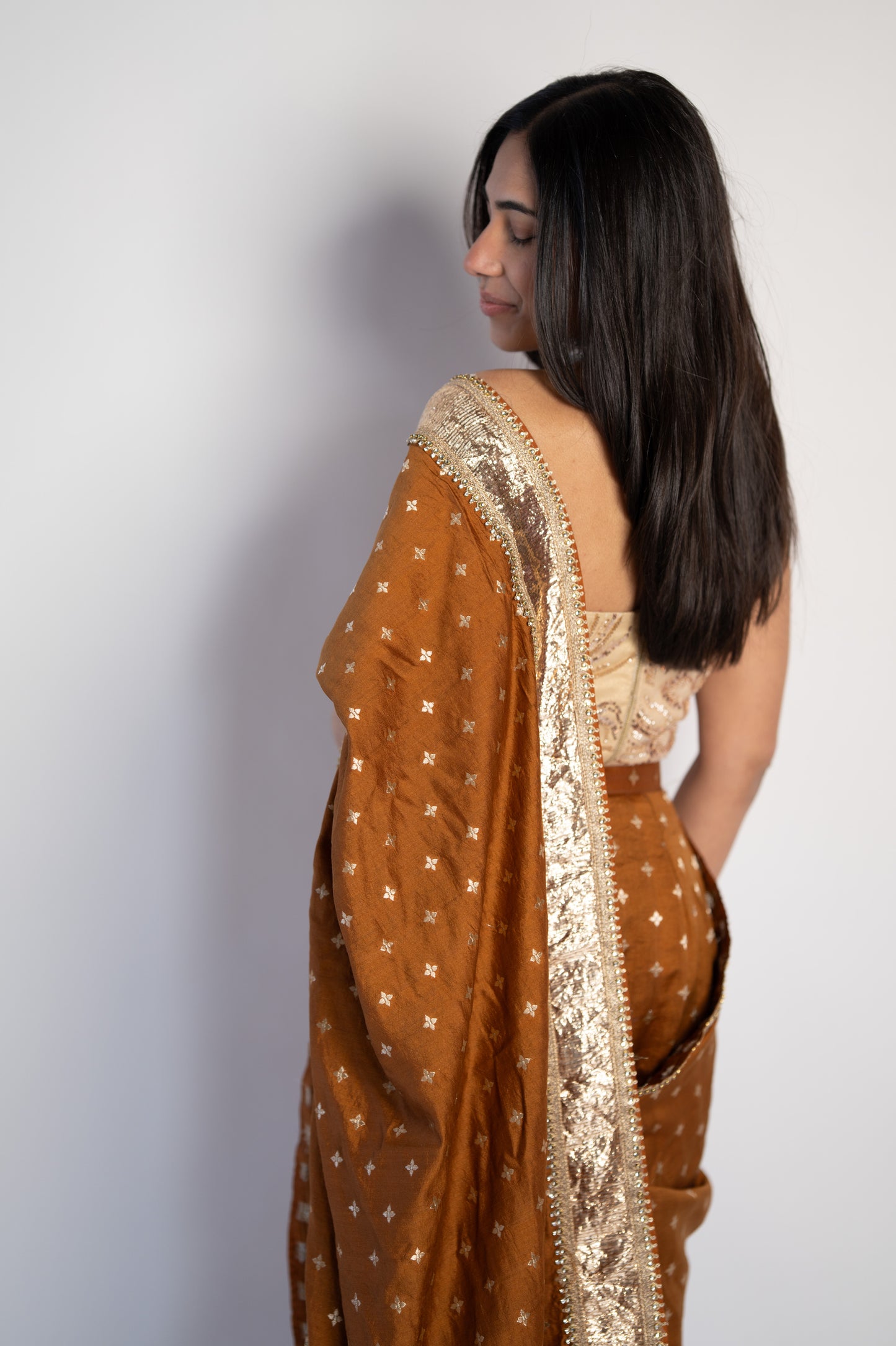 Amara: Pure Silk Pre-draped Sari Set with Embroidered Net Blouse