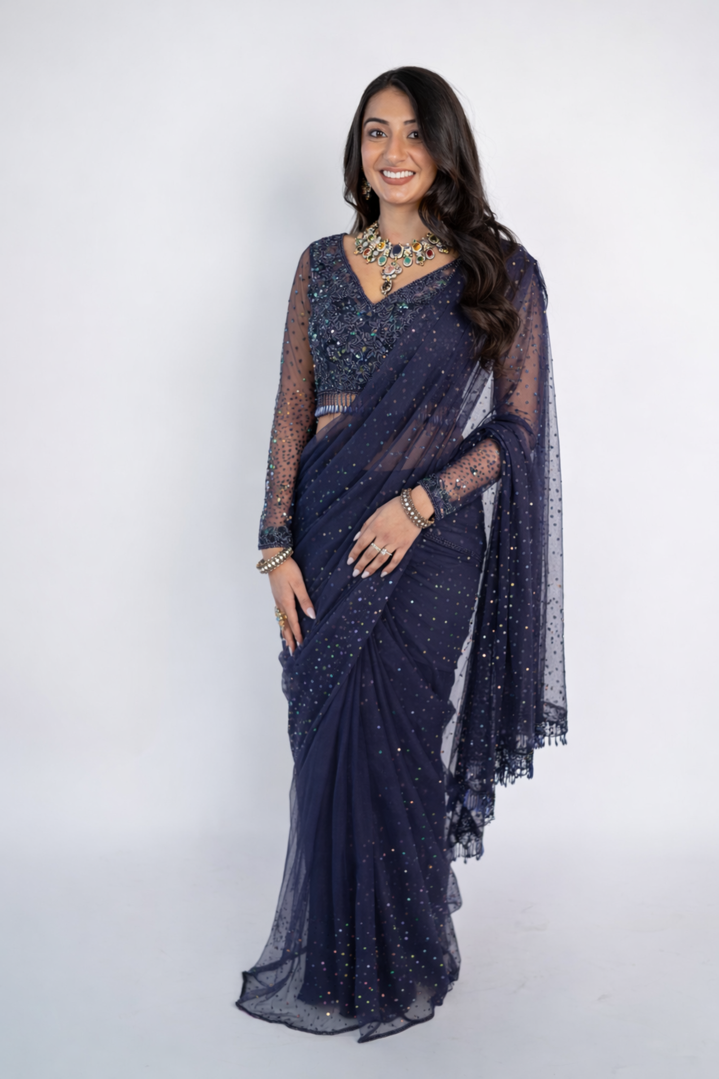 Riya: Swiss Net Pre-draped Sari with Multicolor Sequin Embroidery