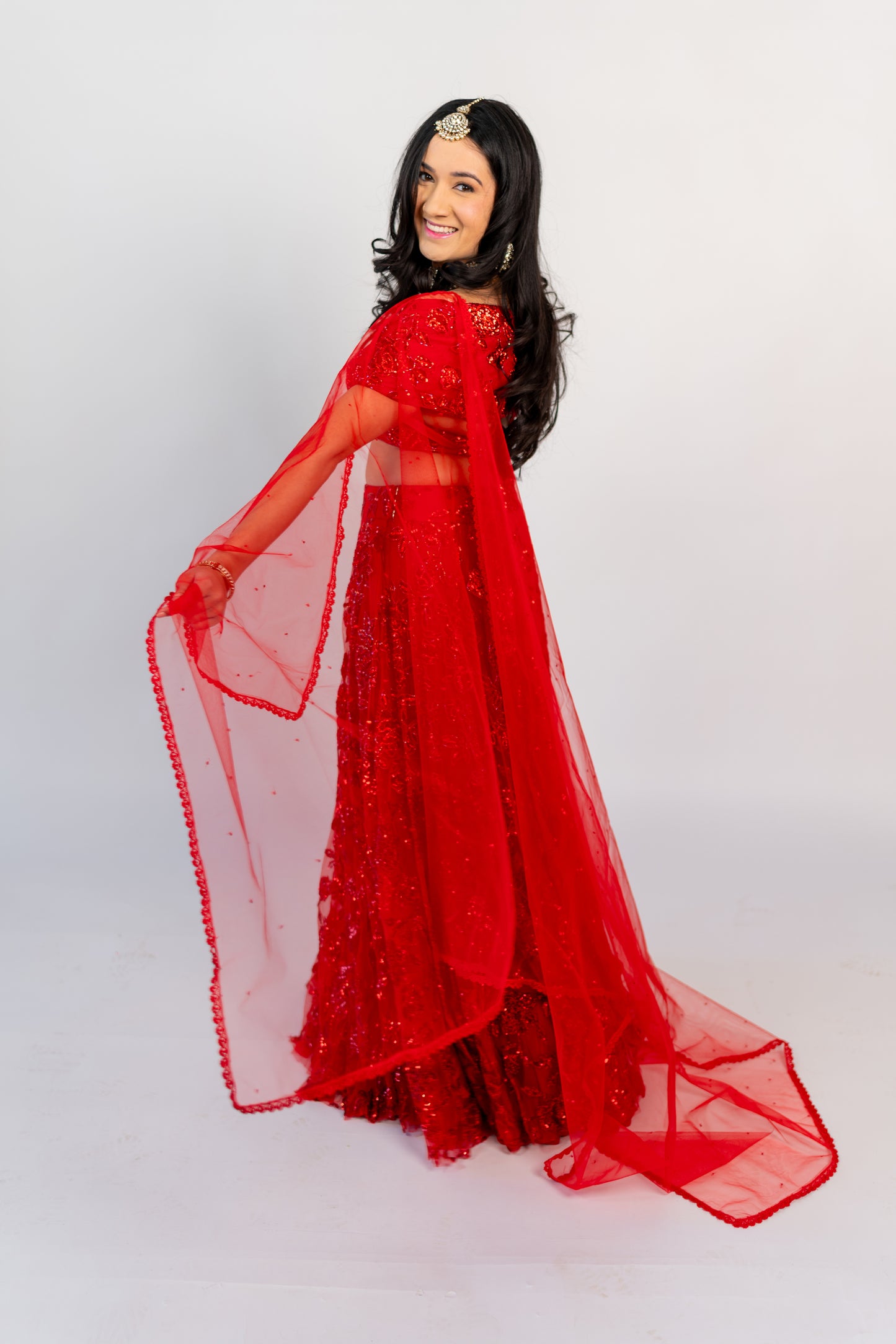 Meher: Red Net Ensemble with Resham & Sequin Embroidery