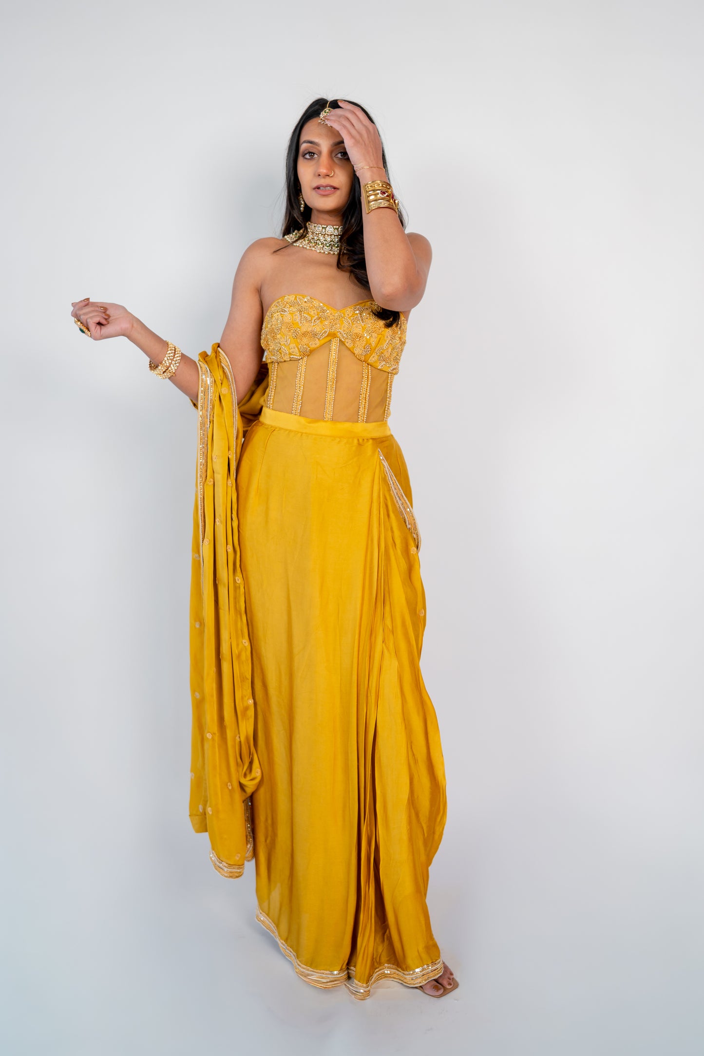 Zara: Pre-Draped Satin Sari with Zardozi Corset Blouse
