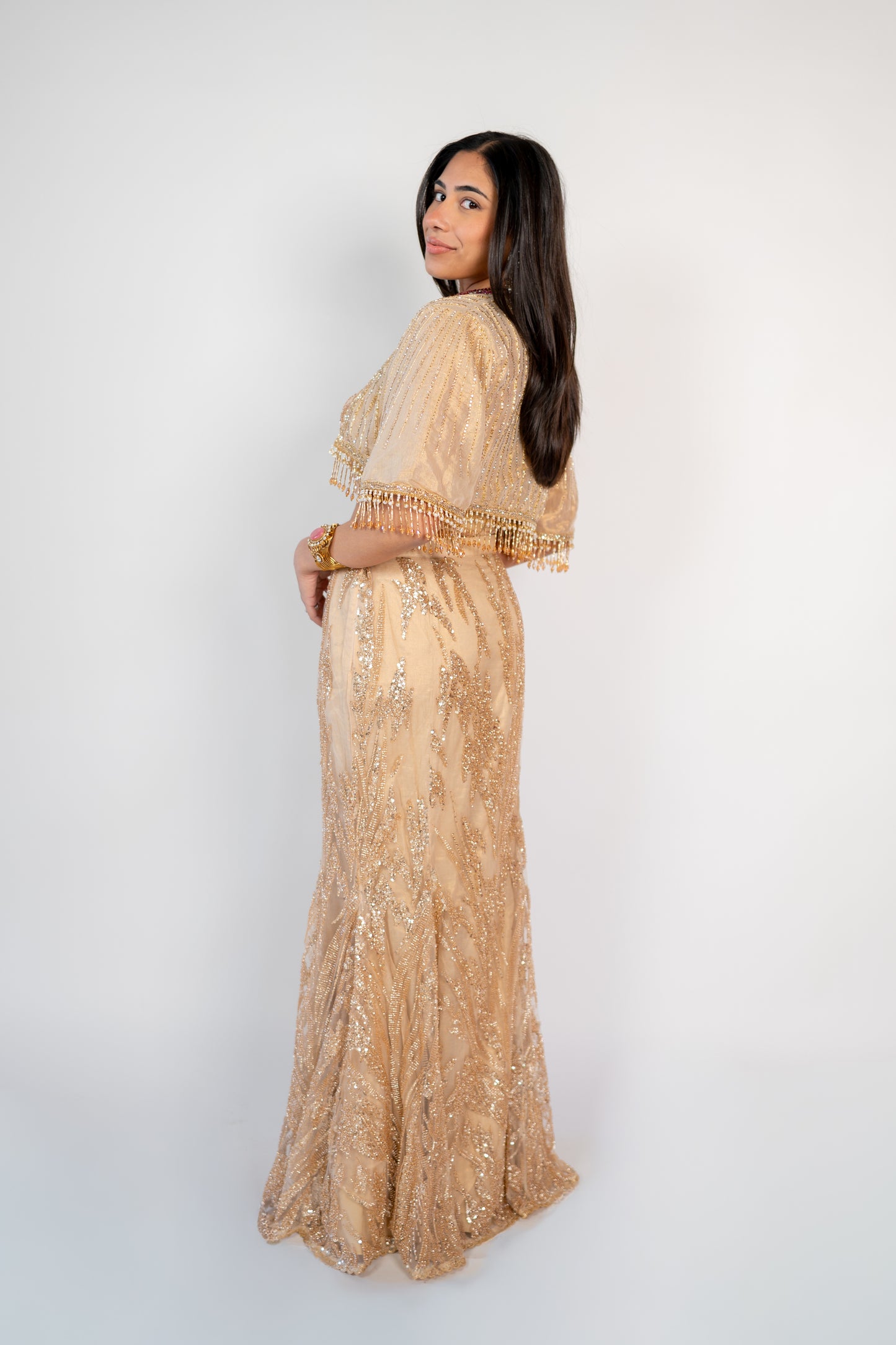 Noor: Gold Banarasi Tissue Jacket Set with Beaded Ensemble