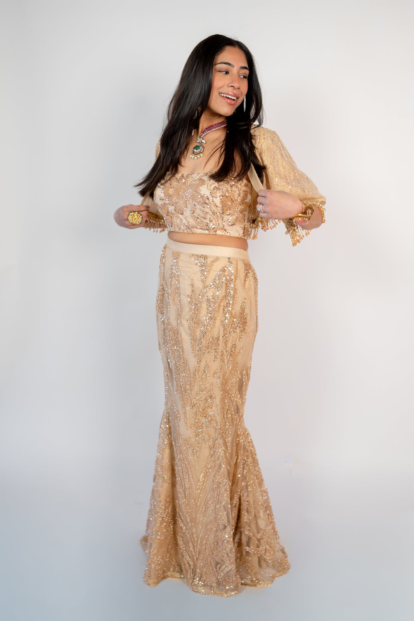 Noor: Gold Banarasi Tissue Jacket Set with Beaded Ensemble