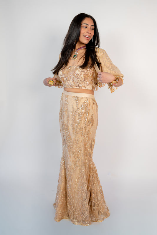 Noor: Gold Banarasi Tissue Jacket Set with Beaded Ensemble