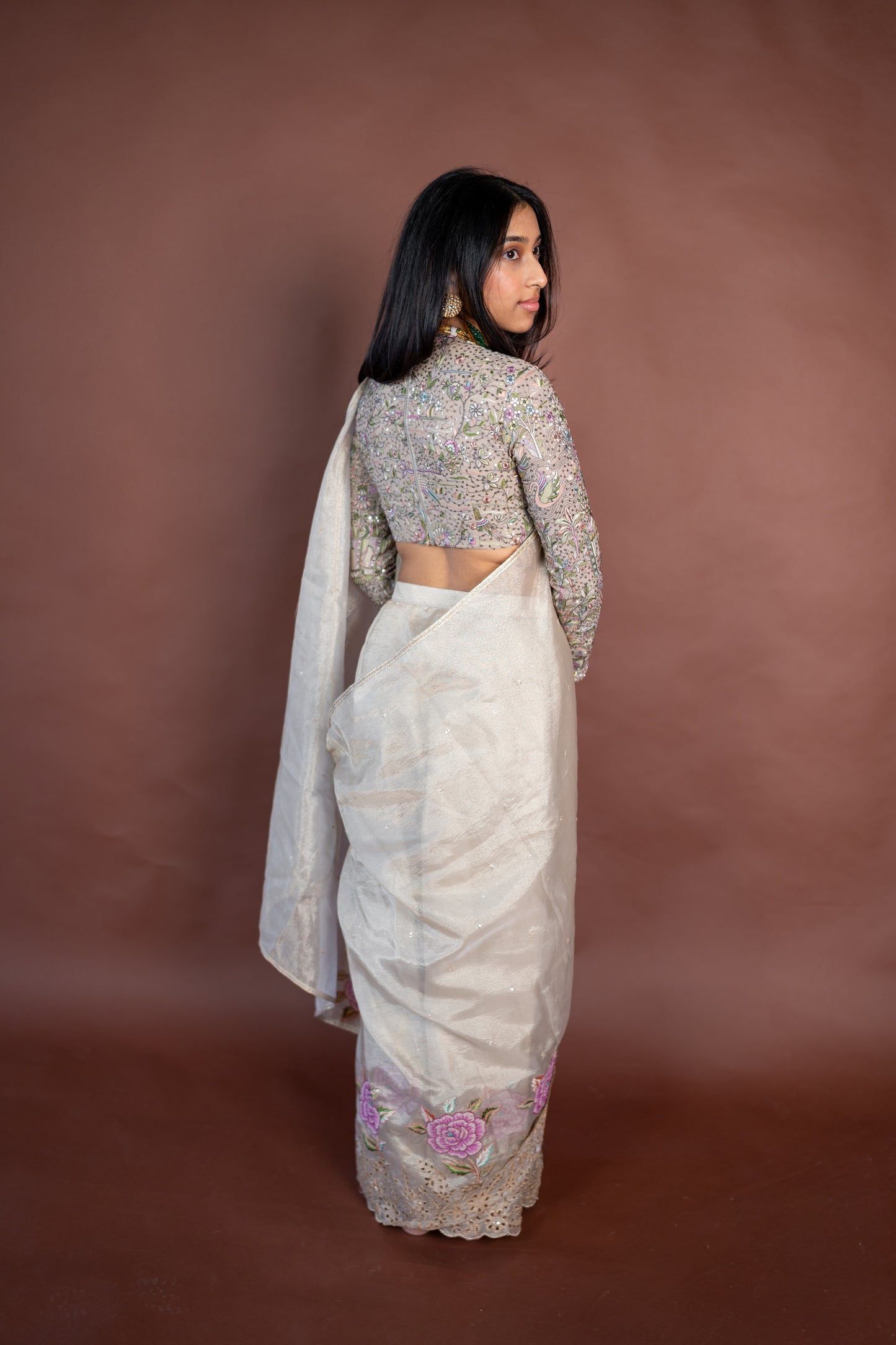 Anaya: Gold Tissue Pre-draped Sari with Floral Cutwork Blouse