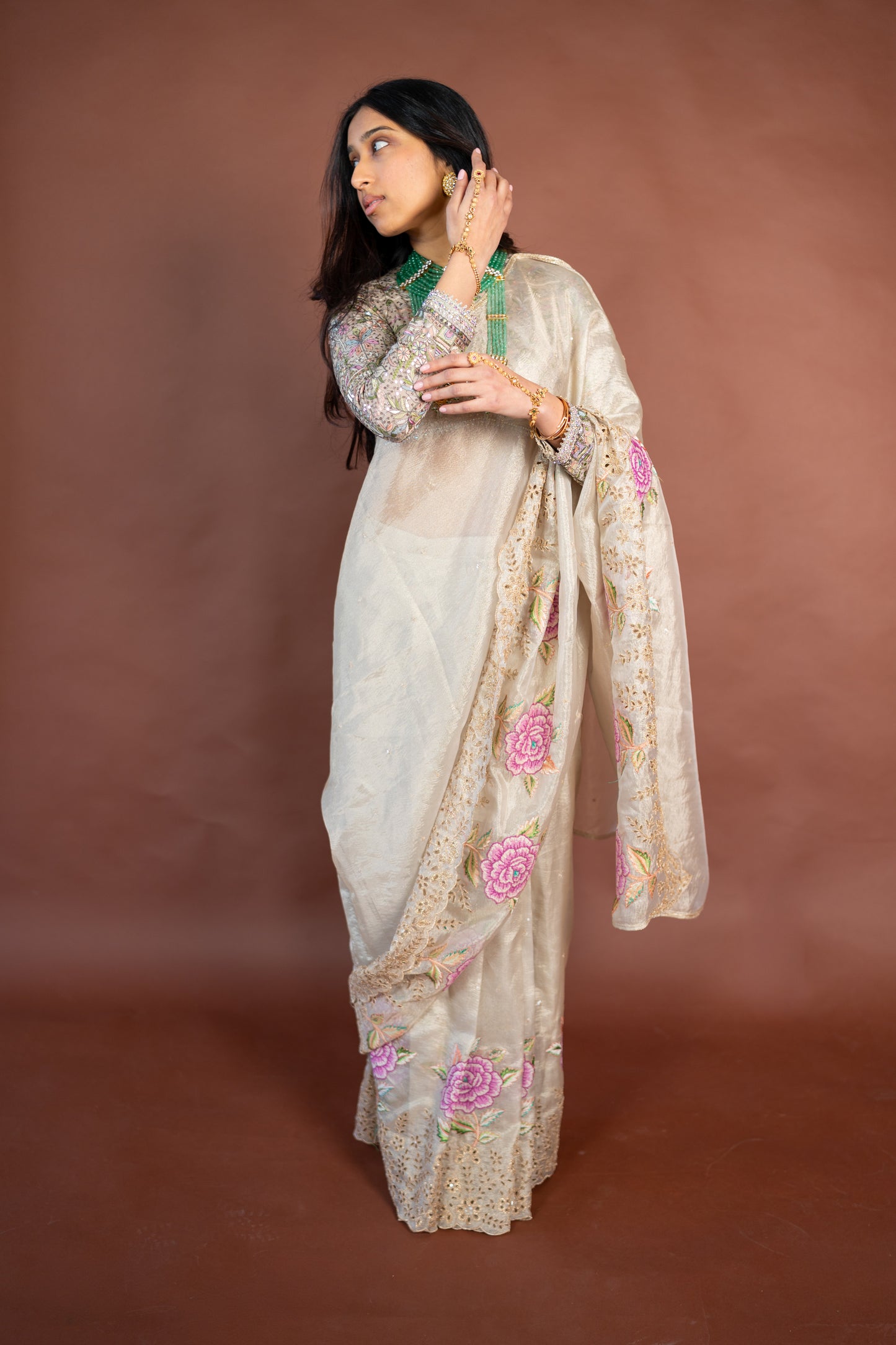 Anaya: Gold Tissue Pre-draped Sari with Floral Cutwork Blouse