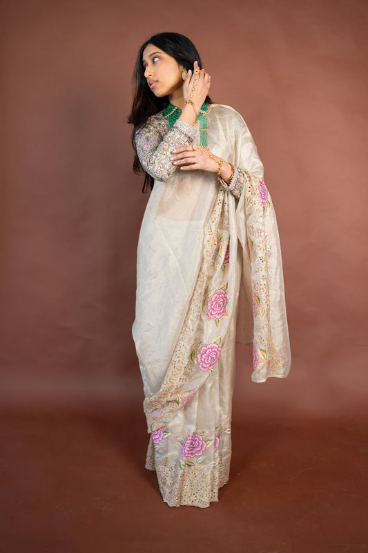 Anaya: Gold Tissue Pre-draped Sari with Floral Cutwork Blouse