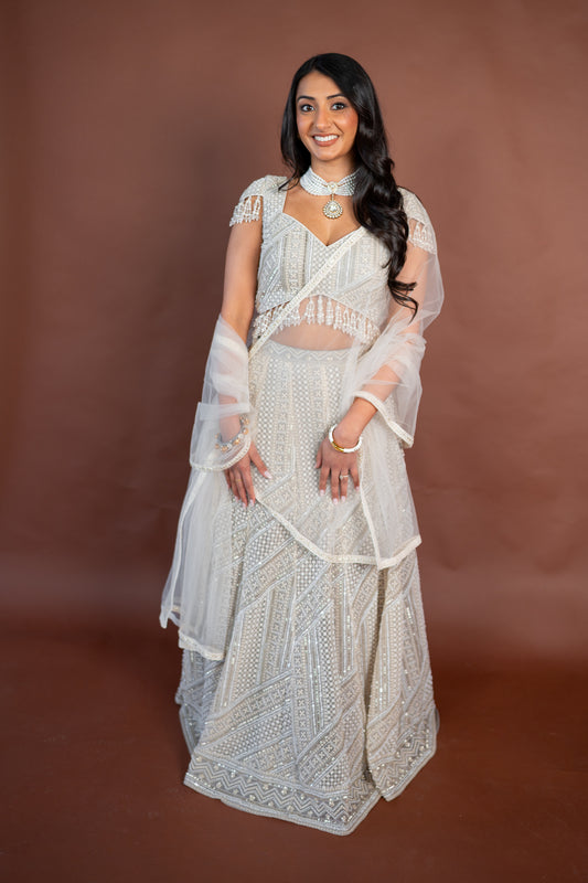 Ishita: Beige Swiss Net Lehenga with Pearl Embroidery