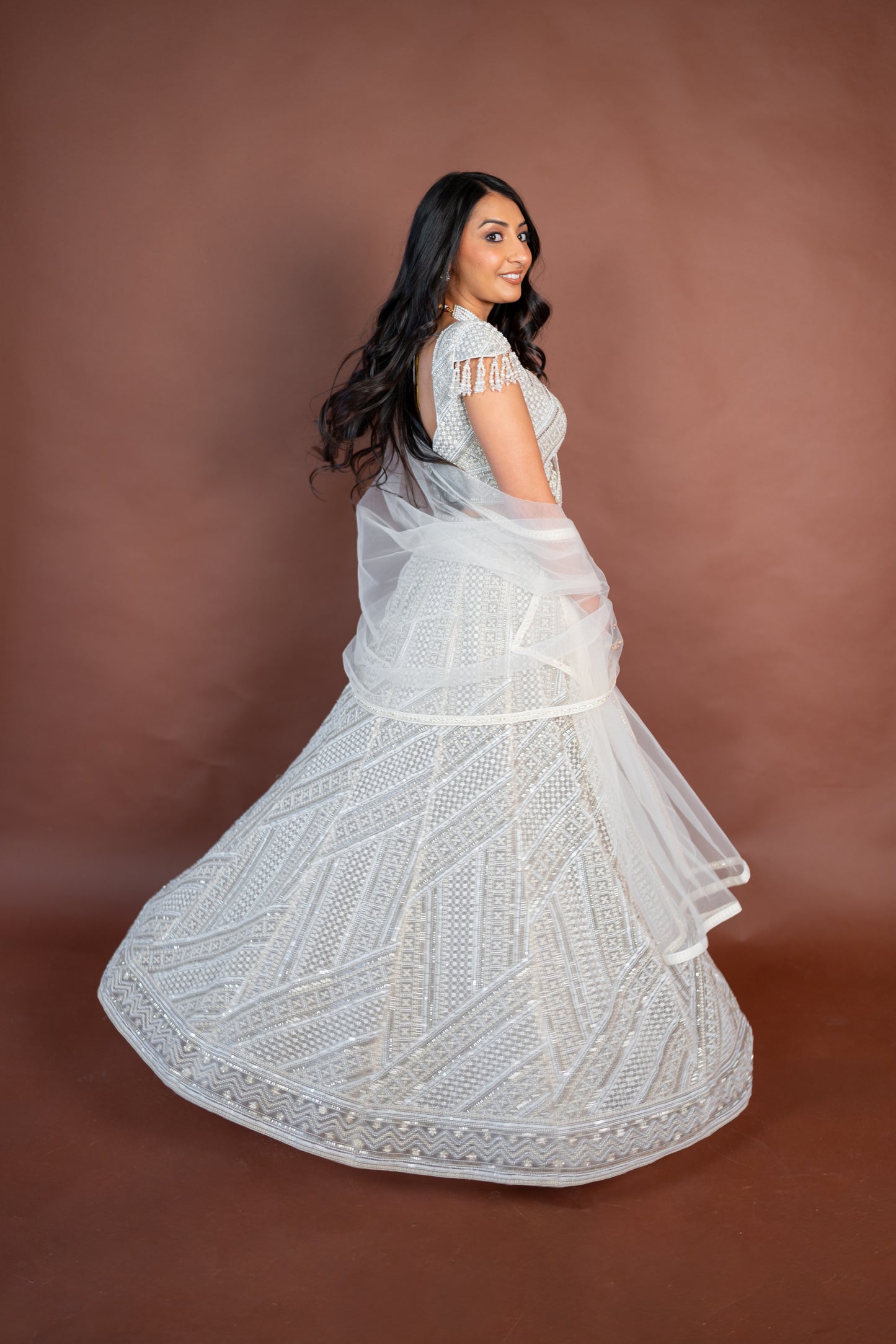 Ishita: Beige Swiss Net Lehenga with Pearl Embroidery