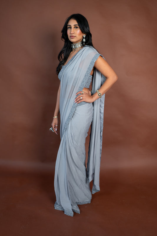 Aisha: Grey Georgette Pre-draped Sari with Tonal Sequin Embroidery