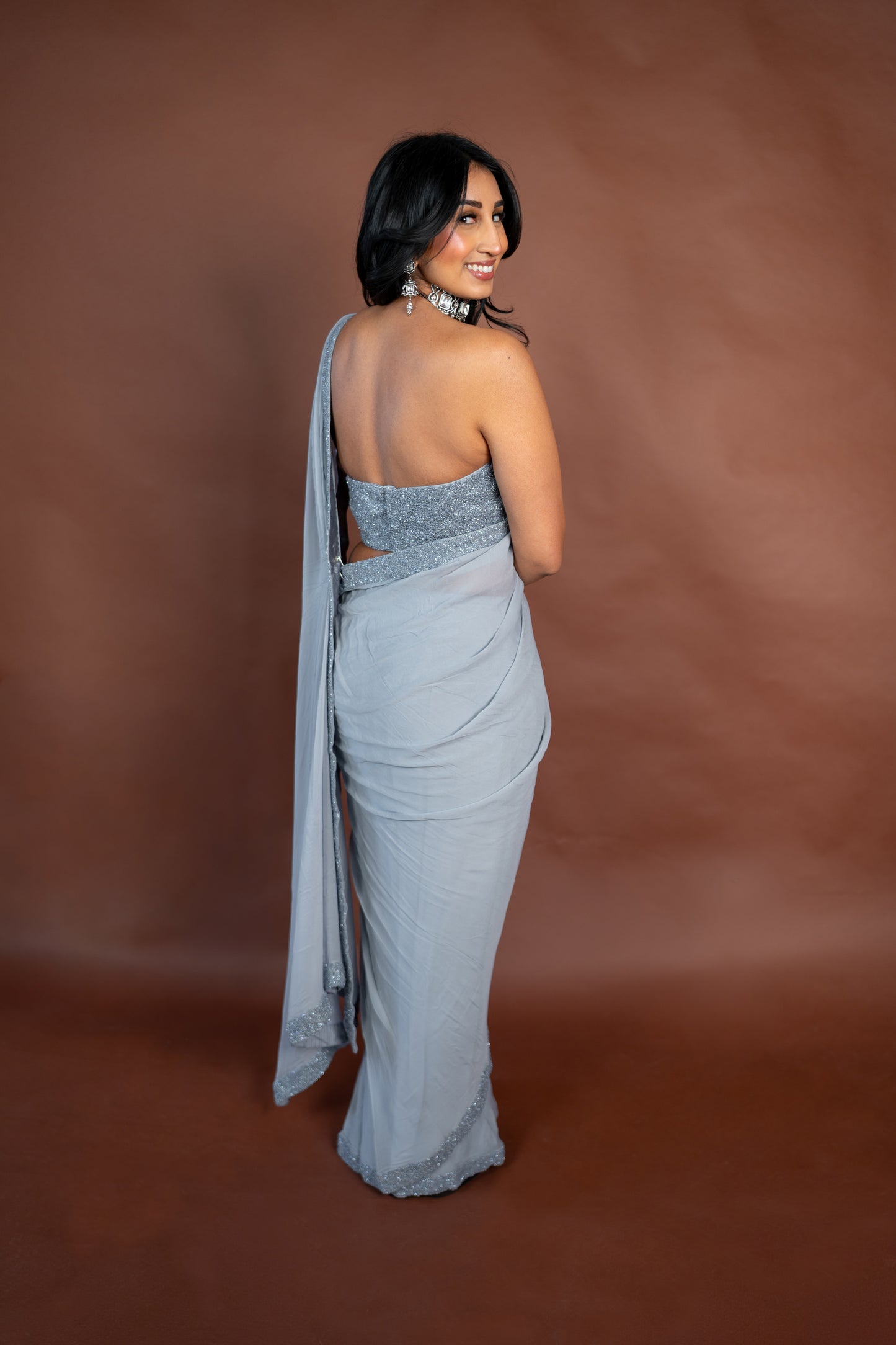 Aisha: Grey Georgette Pre-draped Sari with Tonal Sequin Embroidery
