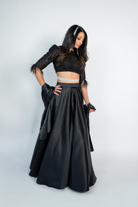 Kaira: Black Cutwork Blouse & Satin Lehenga Set