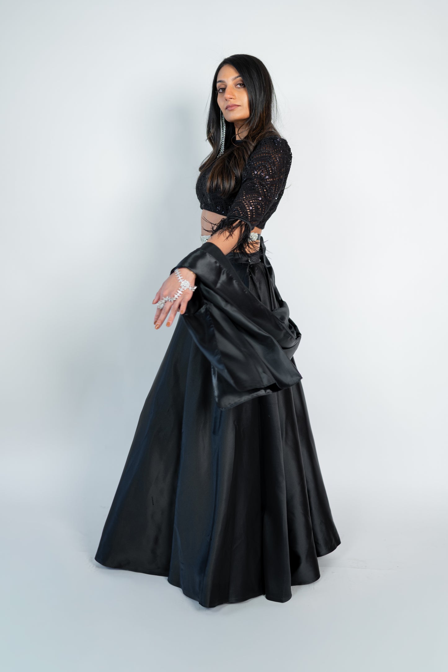 Kaira: Black Cutwork Blouse & Satin Lehenga Set