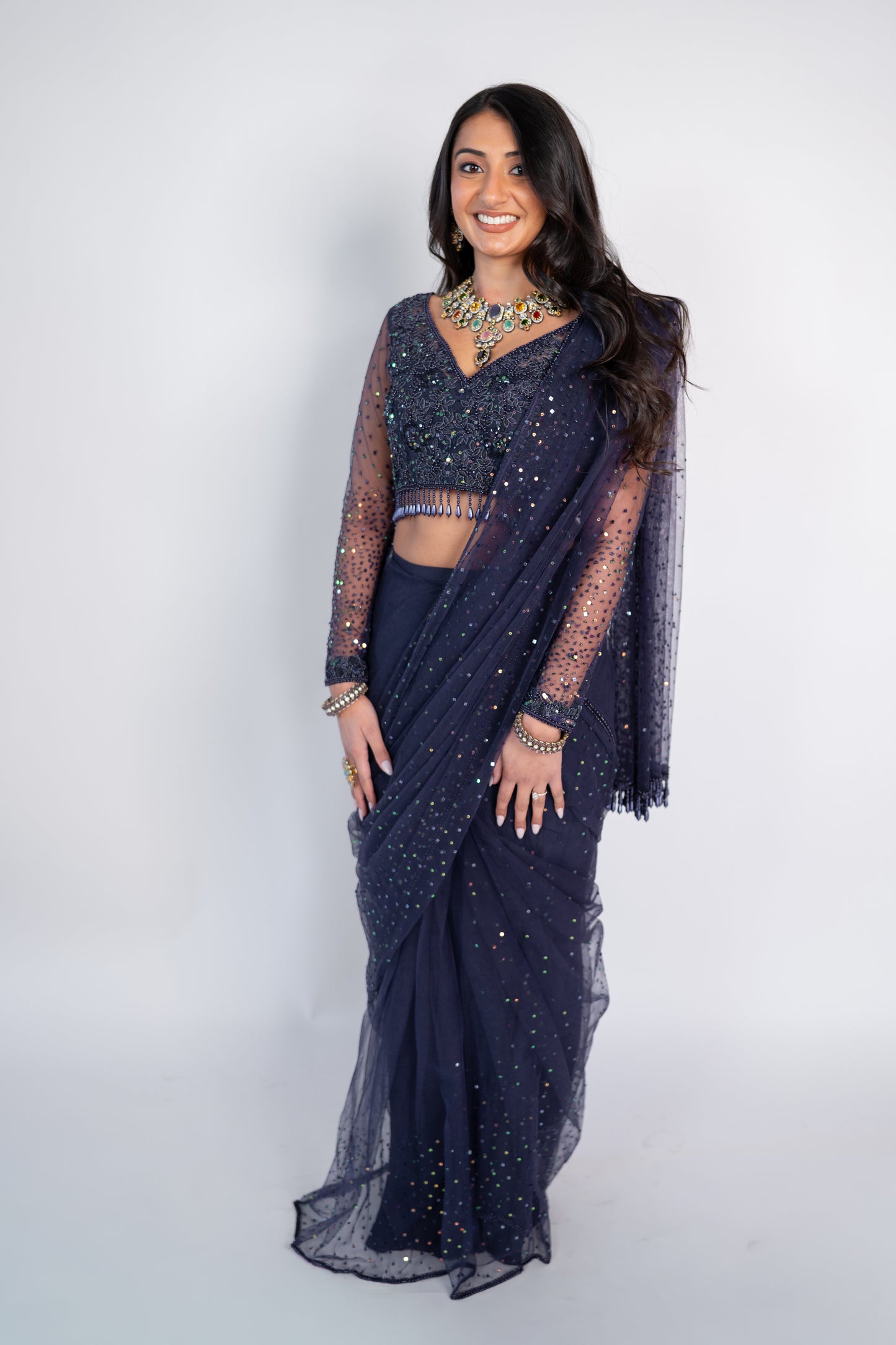 Riya: Swiss Net Pre-draped Sari with Multicolor Sequin Embroidery