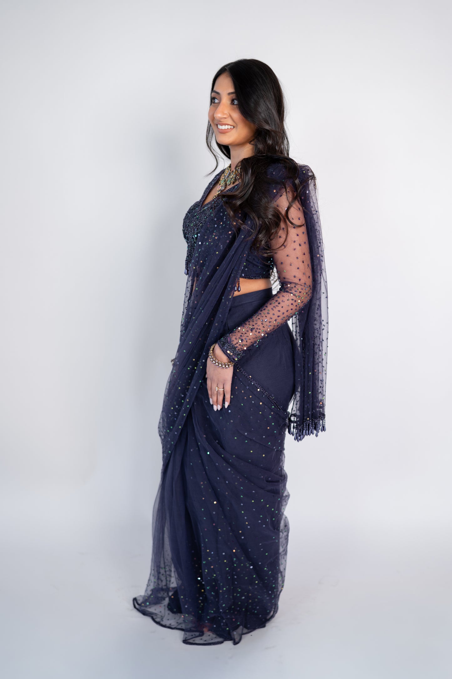 Riya: Swiss Net Pre-draped Sari with Multicolor Sequin Embroidery