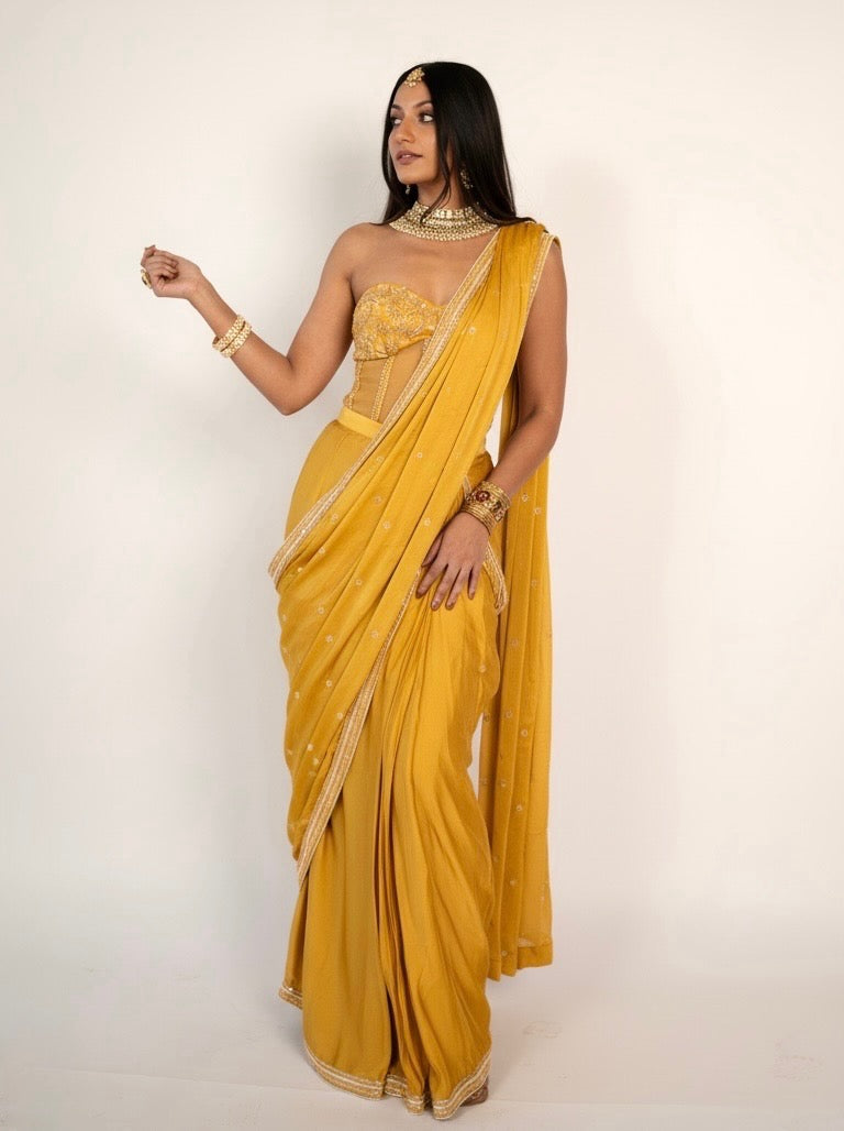 Zara: Pre-Draped Satin Sari with Zardozi Corset Blouse