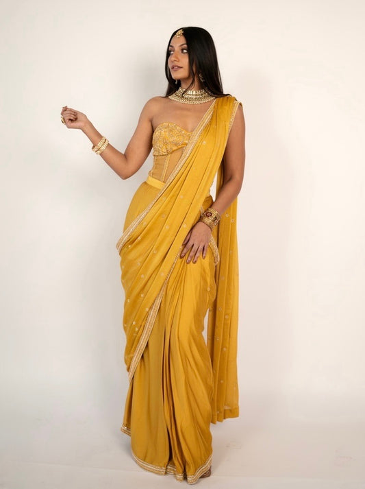 Zara: Pre-Draped Satin Sari with Zardozi Corset Blouse